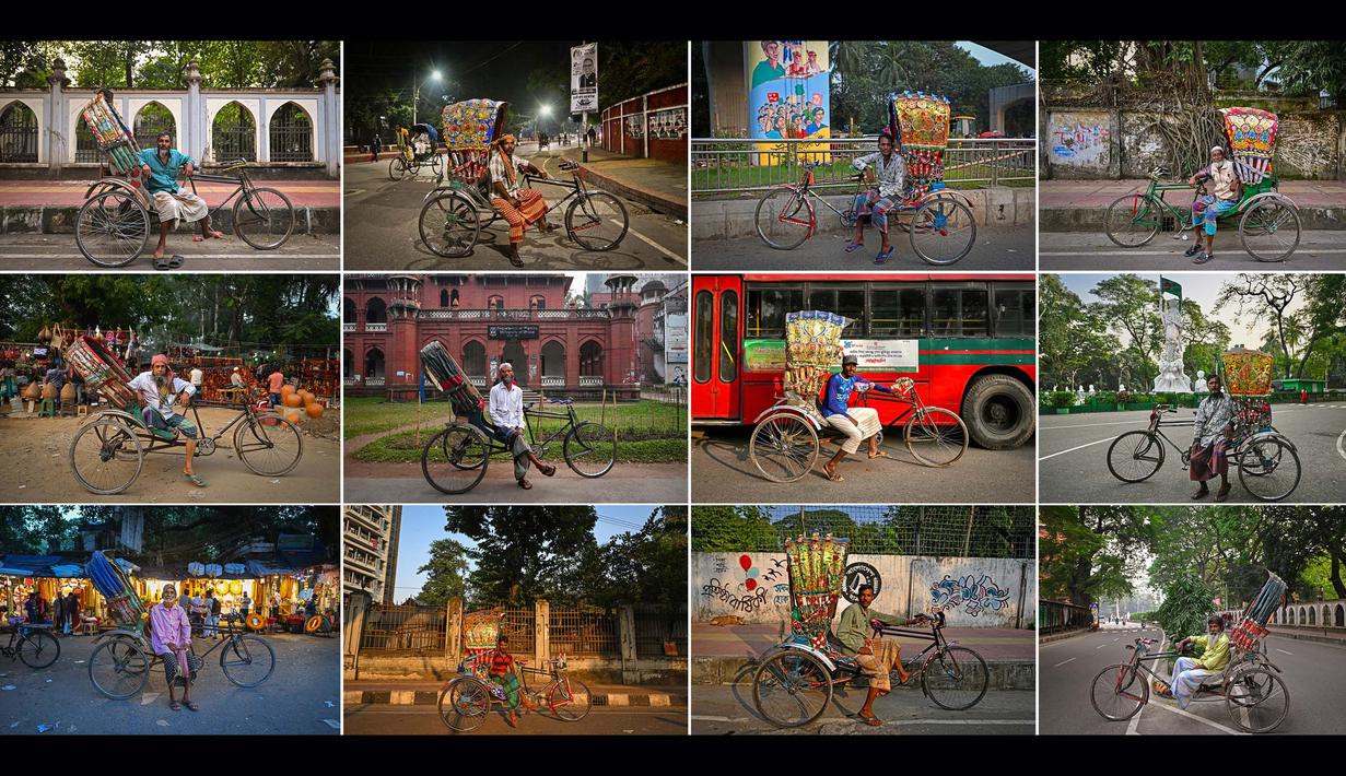 Gambar kombinasi dari dua belas foto yang dibuat pada tanggal 19 Desember 2023 ini menunjukkan pengemudi becak sepeda Bangladesh berpose untuk potret dengan kendaraan mereka di jalanan Dhaka. (Munir UZ ZAMAN/AFP)