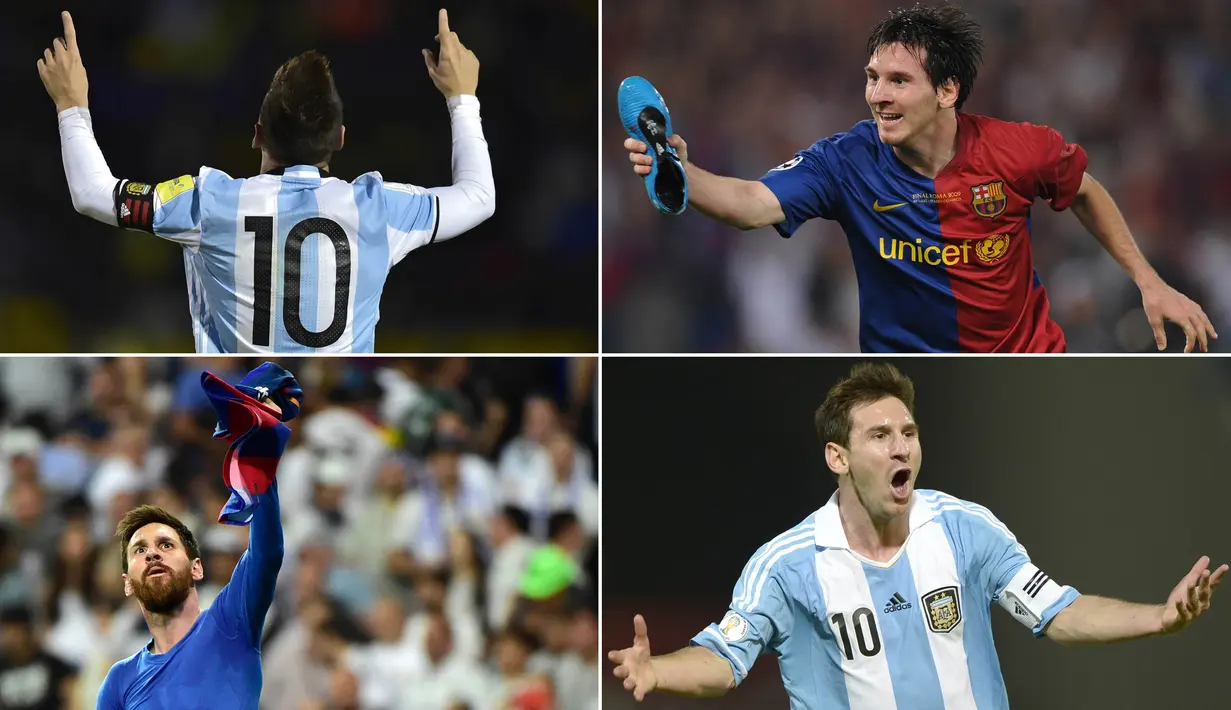 Berikut ini beragam selebrasi emosional yang dilakukan oleh Lionel Messi saat berseragam Barcelona dan juga Argentina. (Kolase foto-foto dari AFP)