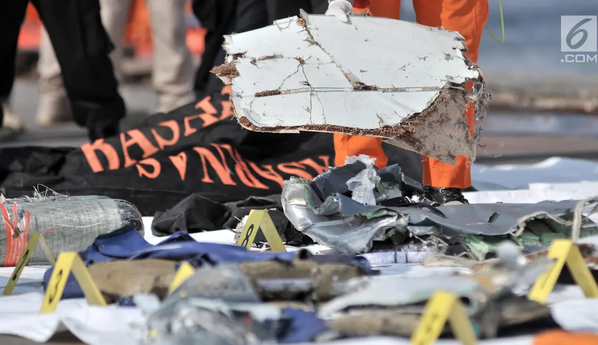 Petugas Basarnas merapikan barang temuan jatuhnya pesawat Lion Air JT 610 di Posko Evakuasi, Tanjung Priok, Jakarta, Senin (29/10). Pesawat Lion Air JT 610 yang jatuh membawa 188 orang. (Merdeka.com/Iqbal Nugroho)