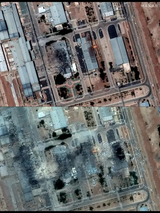 Untuk diketahui, Amerika Serikat menyerang tiga situs nuklir Iran menggunakan bom GBU-57A/B Massive Ordnance Penetrator (MOP) yang dikenal sebagai penghancur bunker. (Citra satelit ©2025 Maxar Technologies/AFP)
