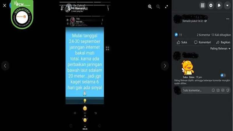 Gambar Tangkapan Layar Kabar Hoaks Internet Mati pada 24 hingga 30 September 2021 (sumber: Facebook).