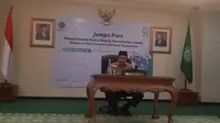 Menag Fachrul Razi menggelar jumpa pers di Kemenag, Jakarta. (Liputan6.com/Yopi Makdori)