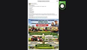 Cek Fakta Liputan6.com mendapati klaim link pendaftaran bantuan alat pertanian seperti traktor dari Kementerian Pertanian (Kementan). (Foto: tangkapan layar Facebook).