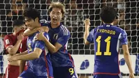 Timnas Jepang U-23 berhasil meraih kemenangan 4-2 atas Qatar U-23 pada laga perempat final Piala Asia U-23 2024 di&nbsp;Jassim bin Hamad Stadium, Al Rayyan, Kamis (26/4/2024) dini hari WIB. (AFP/KARIM JAAFAR)