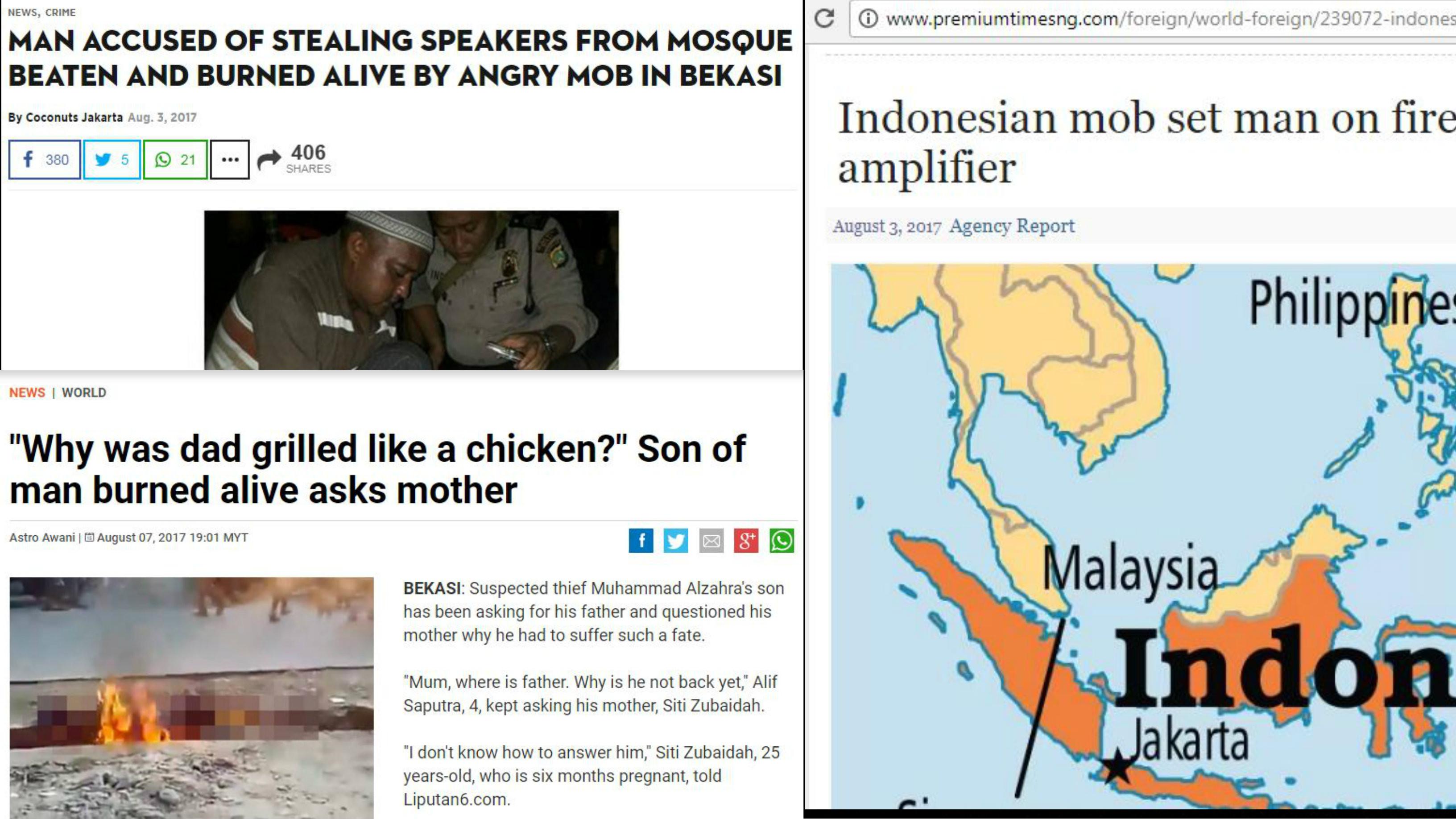 Pemberitaan media asing terhadap kasus pria Bekasi dibakar hidup-hidup. (Berbagai Sumber)