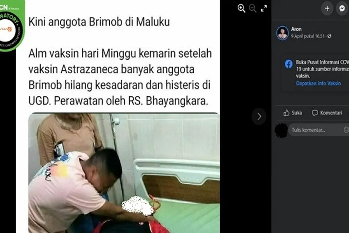 Gambar Tangkapan Layar Kabar Seorang Anggota Brimob di Maluku Meninggal Dunia karena Disuntik Vaksin AstraZeneca (sumber: Facebook)