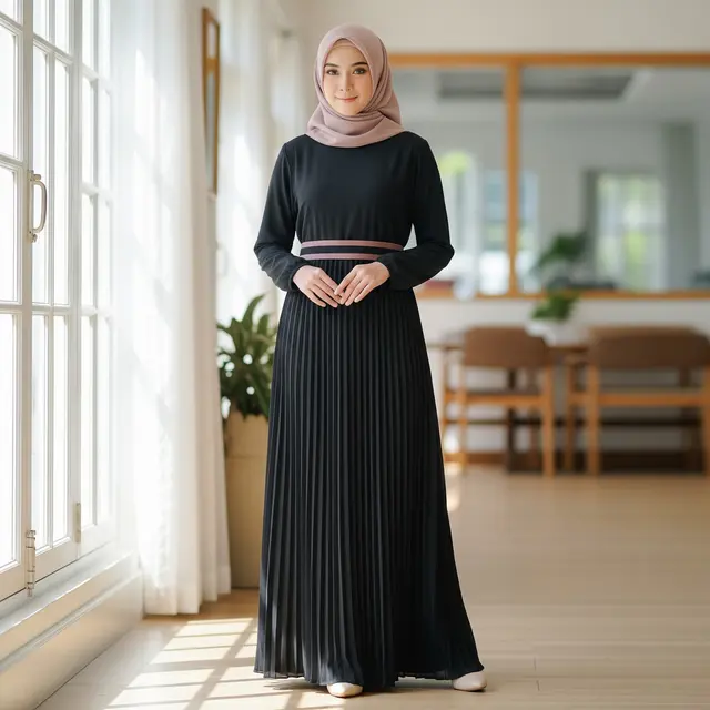Model Gamis Terbaru Hitam Kombinasi Belt