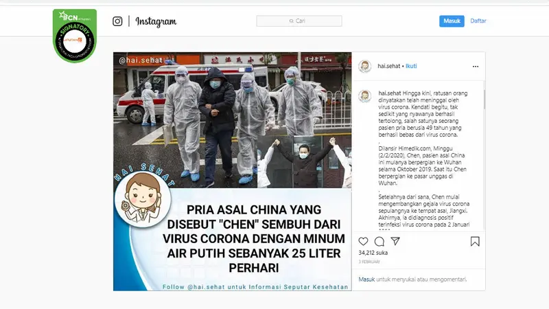 Cek Fakta: Minum Air Putih 25 Liter per Hari, Pria Asal China Sembuh dari Virus Corona?