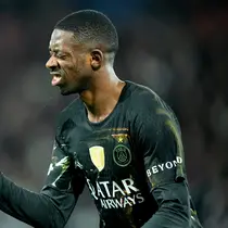Selebrasi Ousmane Dembele dalam laga PSG vs Chelsea di leg pertama 16 besar Liga Champions 2025/2026, Kamis (12/3/2026). (AP Photo/Michel Euler)