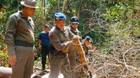 Kapolda Riau Irjen Agung Setya memegang hasil tebangan kayu di Cagar Biosfer Giam Siak Kecil. (Liputan6.com/M Syukur)