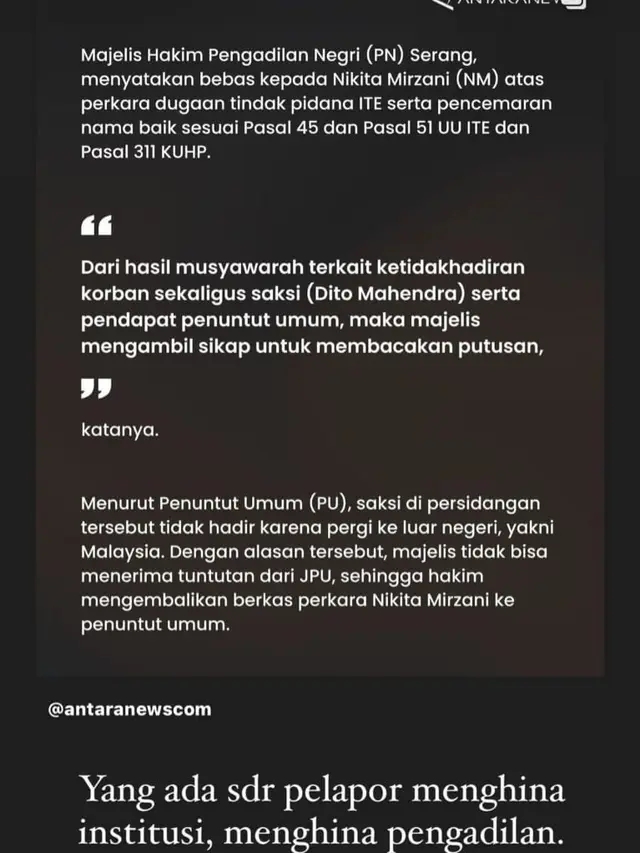 Unggahan Fitri Salhuteru soal kasus Nikita Mirzani versus Dito Mahendra. (Foto: Dok. Instagram @fitri_salhuteru)
