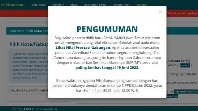 Pengambilan Personal Identification Number (PIN) pada PPDB Jatim 2022 jenjang SMA/SMK diperpanjang.