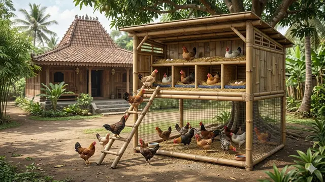 Model Kandang Ayam Bambu Modern Sirkulasi Udara Maksimal. AI