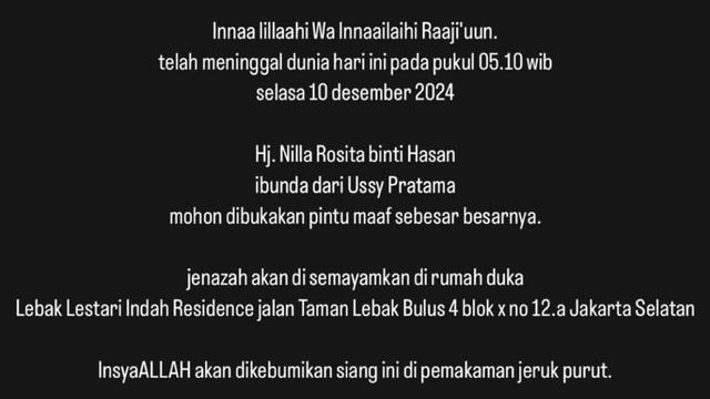 Nilla Rosita Ibunda Ussy Sulistyawati Meninggal Dunia (credit: https://www.instagram.com/ussypratama/)