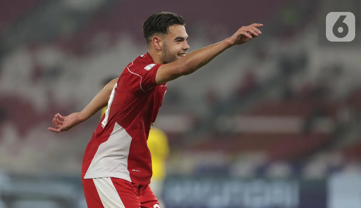 Pemain depan Timnas Indonesia U-23, Jens Raven merayakan golnya ke gawang Brunei Darussalam pada laga Grup A Piala AFF U-23 2025 di Stadion Utama Gelora Bung Karno, Jakarta, Selasa (15/7/2025). (Liputan6.com/Helmi Fithriansyah)