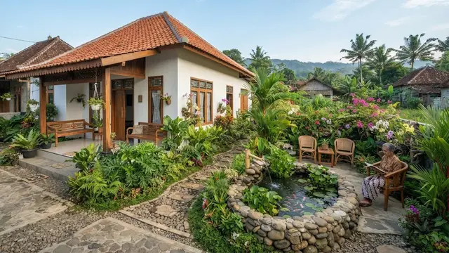 Desain rumah kampung dengan taman kecil di samping yang jadi definisi hunian slow living model dengan kolam kecil