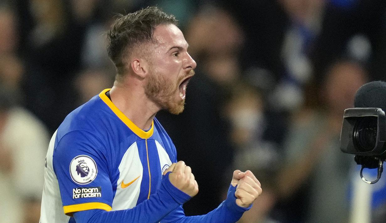 <p>Pemain Brighton and Hove Albion Alexis Mac Allister melakukan selebrasi usai mencetak gol ke gawang Manchester United pada pertandingan sepak bola Liga Inggris di Stadion AMEX, Brighton, Inggris, Kamis (4/5/2023). (AP Photo/Kirsty Wigglesworth)</p>