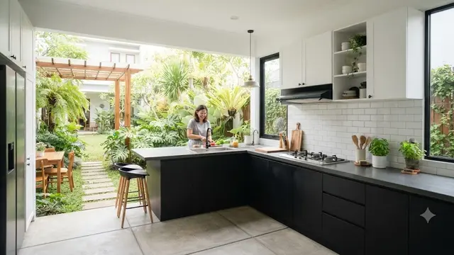 Model Dapur Terbuka Bentuk L Monokrom Modern (AI Generated)
