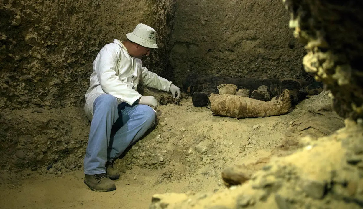 Arkeolog memeriksa mumi terbungkus kain linen di ruang pemakaman di Provinsi Minya, Mesir, Sabtu (2/2). Mumi tersebut diperkirakan berasal dari era Ptolemaic. (AP Photo/Roger Anis)