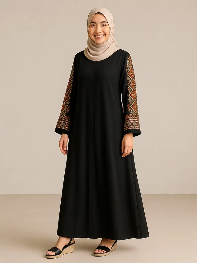 Model Gamis Hitam Kombinasi Bordir/Ilustrasi AI