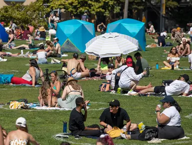 Orang-orang bersantai sembari duduk berjauhan di sejumlah area yang diberi tanda lingkaran guna memastikan dilakukannya jaga jarak sosial (social distancing) di tengah pandemi COVID-19 di sebuah taman di San Francisco, Amerika Serikat (AS), pada 24 Mei 2020. (Xinhua/Li Jianguo)