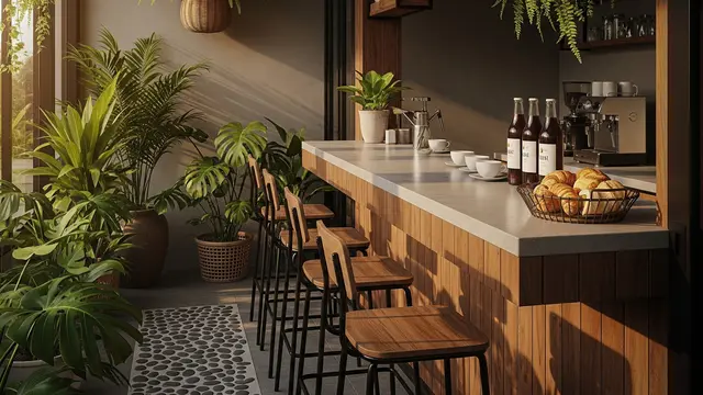 Teras Bar Mini dengan Meja Cor Kayu Lapis