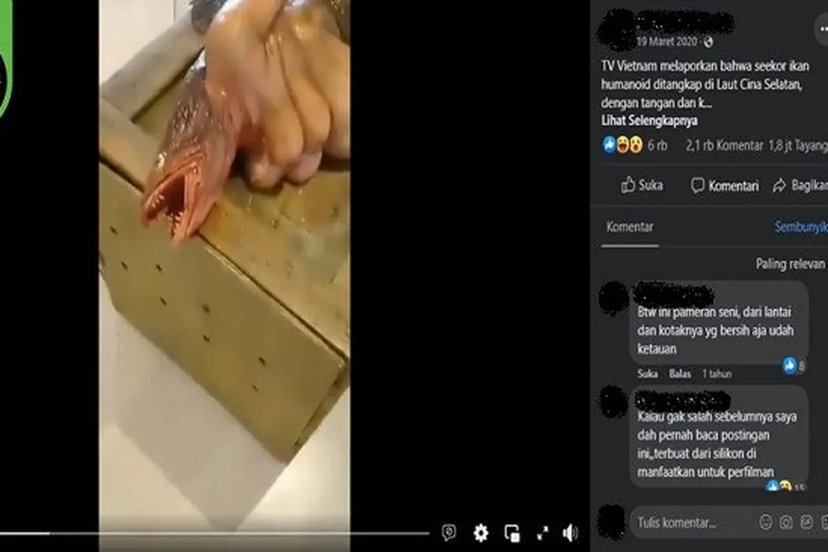 Gambar Tangkapan Layar Video yang Diklaim Penampakan Ikan Humanoid Ditangkap di Laut China Selatan (sumber: Facebook).