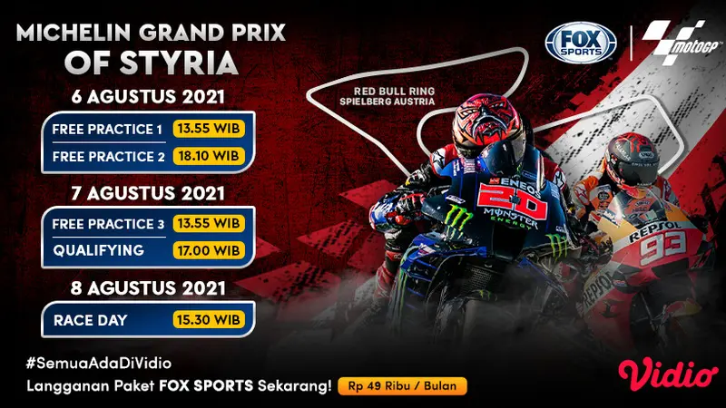 Saksikan, Jadwal dan Live streaming MotoGP Styria Akhir di Vidio 6-8 Agustus 2021