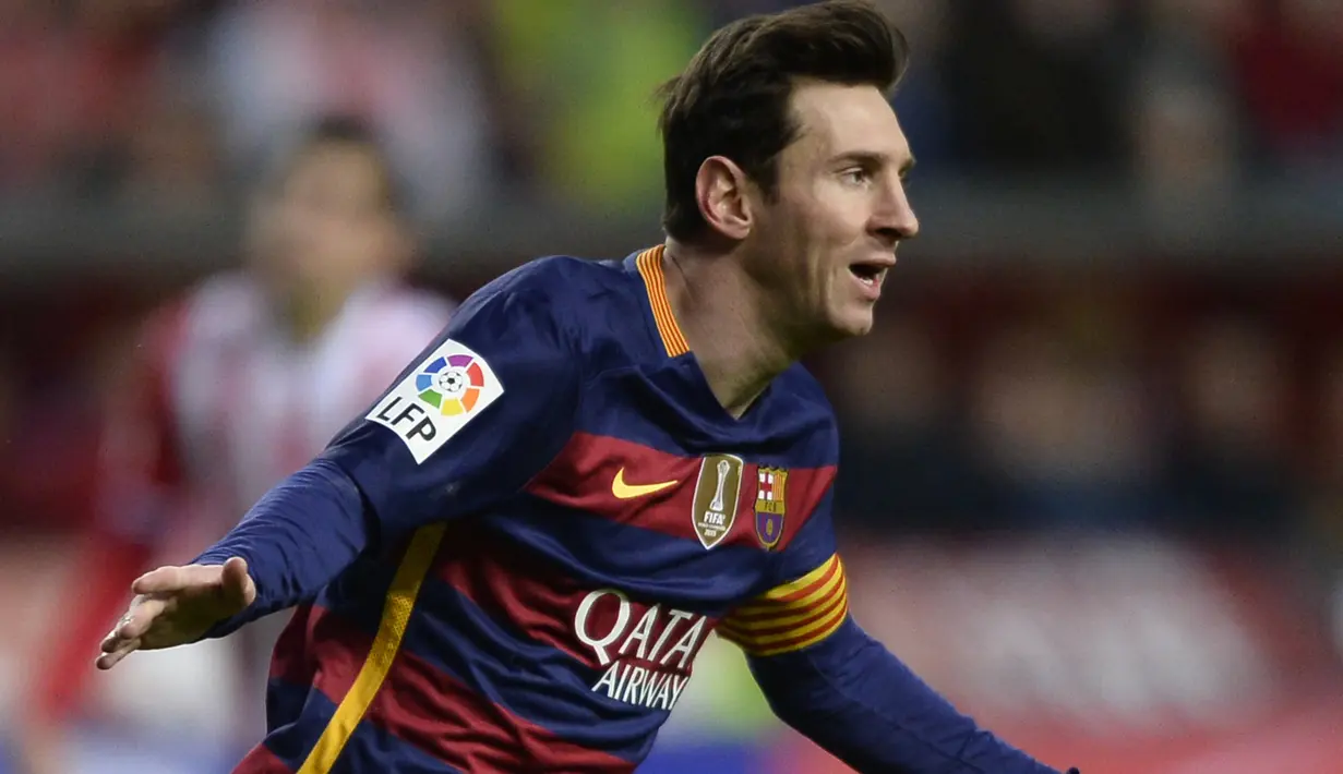 Ekspresi kegembiraan Lionel Messi setelah mencetak gol ke gawang Sporting Gijon dalam lanjutan La Liga di Stadion El Municipal Molinon, Gijon, Kamis (18/2/2/2016) dini hari WIB. (AFP/Miguel Riopa)