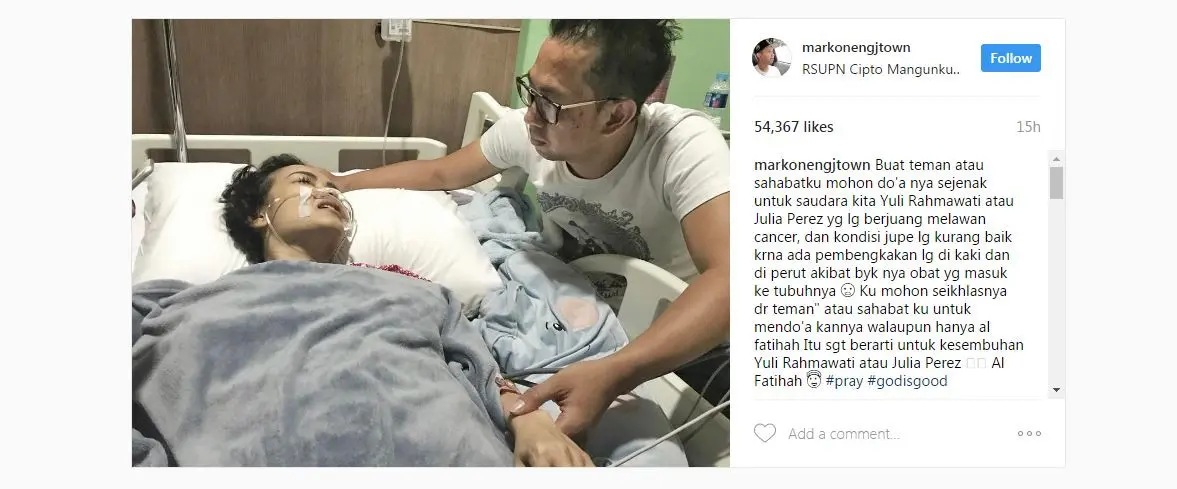 Julia Perez tergolek lemah di rumah sakit [foto: www.instagram.com/markonengjtown]