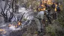 Petugas pemadam kebakaran berjuang melawan kebakaran hutan di wilayah Chefchaouen, Maroko, 17 Agustus 2021. Pesawat pemadam kebakaran digunakan untuk mengatasi kebakaran yang telah menghancurkan sekitar 200 hektare hutan. (FADEL SENNA/AFP)