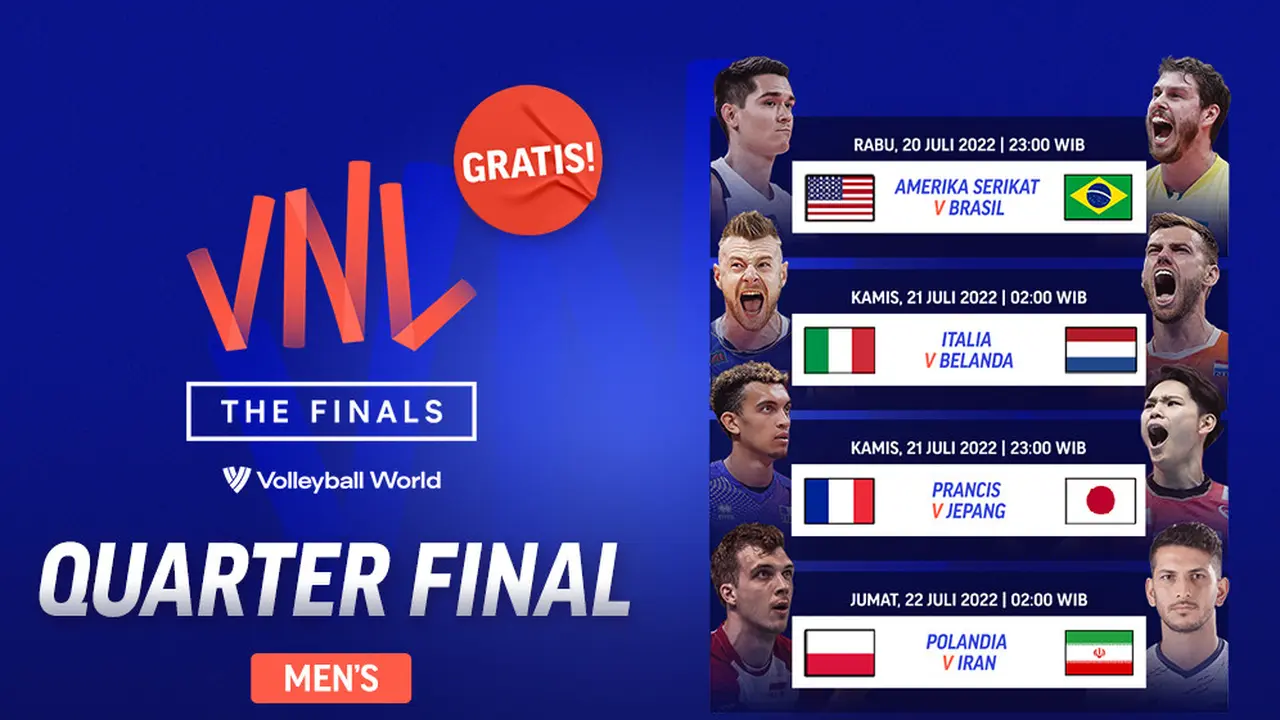 Link Live Streaming Men’s VNL 2022 Quarter Final di Vidio, 20-22 Juli 2022