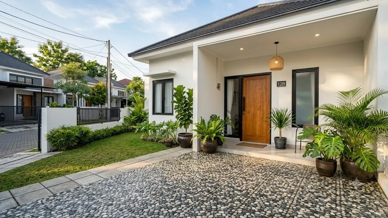 Model Teras dengan Lantai Batu Sikat yang Elegan