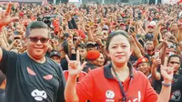 Sekjen PDIP Hasto Kristiyanto dan Ketua DPP PDIP nonaktif Puan Maharani memimpin senam pada hari kedua rakornas, Jumat (11/1/2019). (Liputan6.com/Putu Merta Surya Putra)