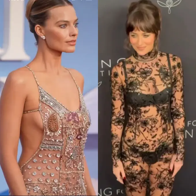 Margot Robbie dan Dakota Johnson kenakan dress Naked. [@voguemagazine]
