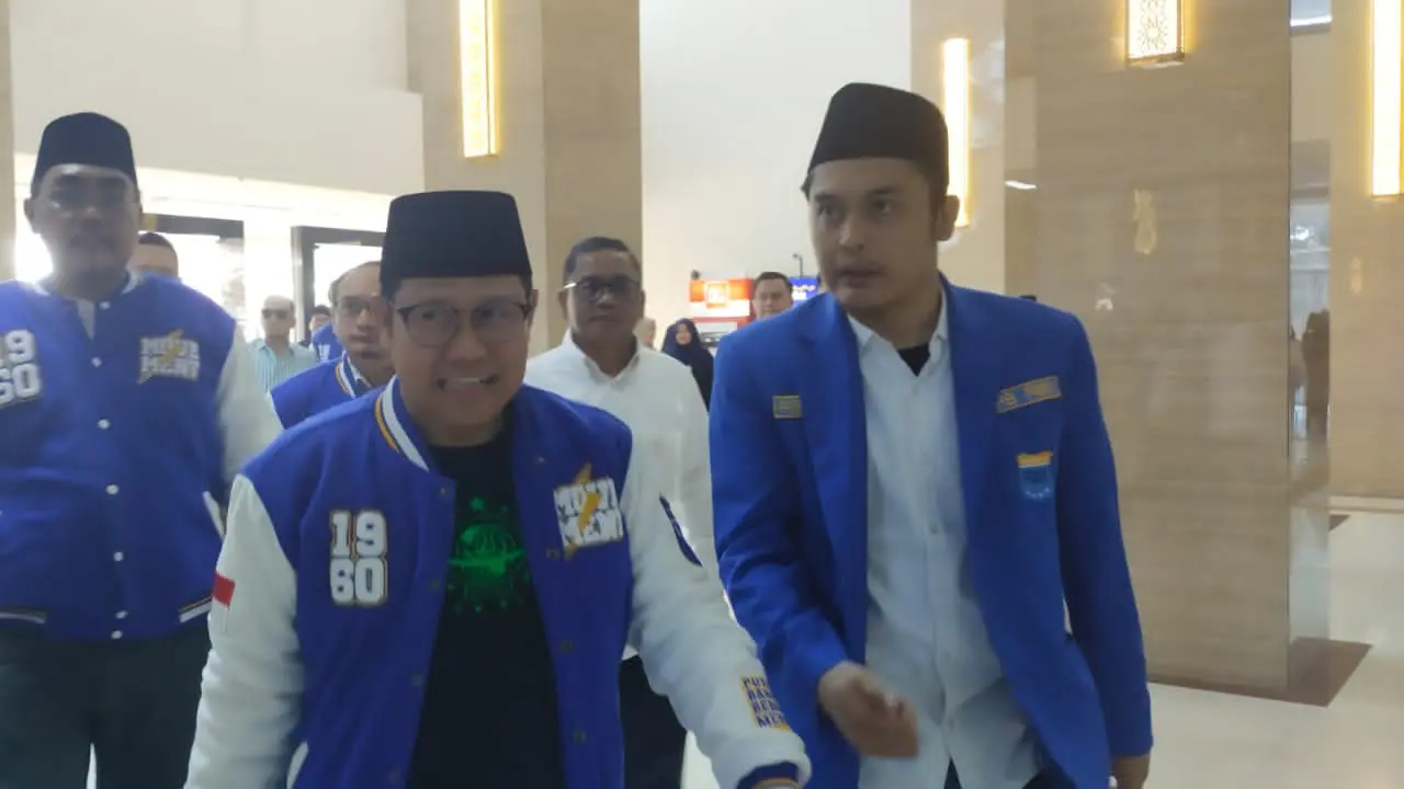Ketua Umum Partai Kebangkitan Bangsa (PKB), Muhaimin Iskandar atau Cak Imin saat menghadiri seminar terkait Sekolah Pergerakan Nasional di Universitas Pamulang, Kota Tangerang Selatan (Tangsel).