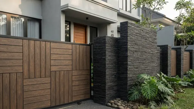 Kombinasi Pagar Geser dan Batu Alam Fasad Minimalis Terlihat Lebih Premium