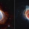 Kombinasi gambar yang dirilis oleh NASA pada 12 Juli 2022, menunjukkan perbandingan pengamatan Nebula Cincin Selatan secara berdampingan dalam cahaya inframerah-dekat (kiri), dan cahaya inframerah-tengah (kanan) dari Teleskop Webb. (NASA, ESA, CSA, and STScI via AP)