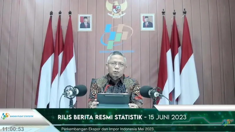 Deputi Bidang Neraca dan Analisis Statistik Moh Edy Mahmud, dalam rilis ekspor dan impor Mei 2023, Kamis (15/6/2023). (Tira/Liputan6.com)