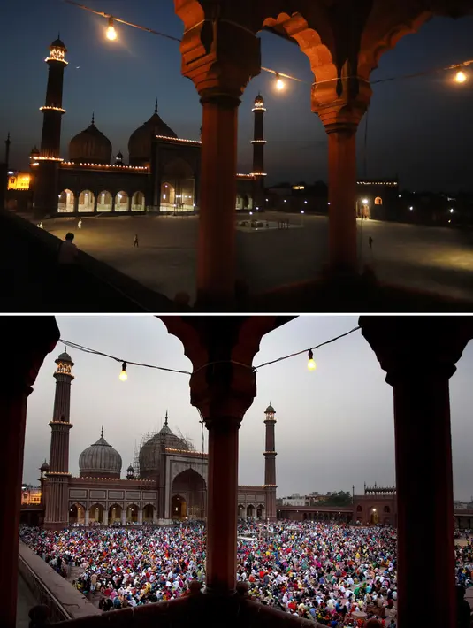 Foto kombinasi pada 25 April 2020 (atas) dan pada 1 Juni 2018 menunjukkan Masjid Jama selama bulan suci Ramadan di New Delhi. Masjid terbesar India yang selalu ramai dipenuhi Umat Muslim saat Ramadan kini terlihat sepi imbas penerapan lockdown untuk menekan penyebaran virus corona (AP/Manish Swarup)