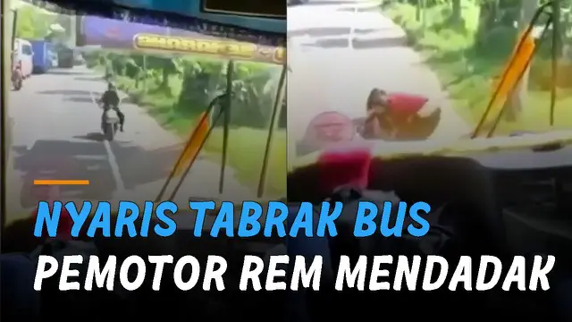 Aksi membahayakan terekam kamera ketika bus menghindari macet dan membuat seorang pengendara motor rem mendadak hingga turun dari motor.