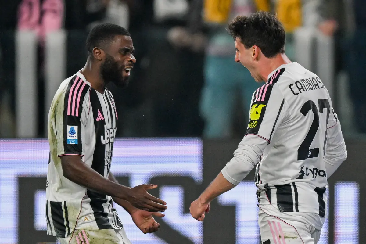 Selebrasi Andrea Cambiaso di laga Juventus vs Pisa di pekan ke-28 Liga Italia 2025/2026 di Allianz Stadium, Minggu (08/03/2026) dini hari WIB.