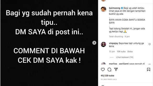 Baim Wong Bergerak Langsung Bantu Korban Penipuan yang Mengatasnamakan Dirinya