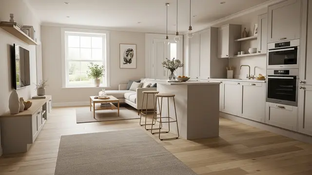 Desain Ruang Keluarga dan Ruang Dapur Tanpa Sekat di Rumah Kecil (AI)