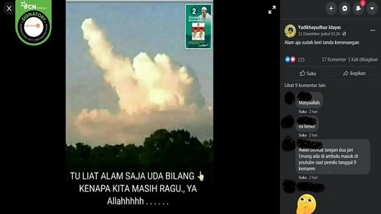 Gambar Tangkapan Layar Foto Awan yang Dikaitkan dengan Pilkada Jember 2020 (sumber: Facebook)