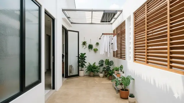 Desain Area Jemuran Samping Rumah yang Tersembunyi tapi Tetap Terang. Gemini