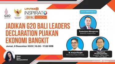 Live Streaming Inspirato Sharing Session, Kemenkoperekonomian dan Liputan6.com  |  Jumat,  9 Desember 2022  |  Pukul: 15.00 WIB  |  Host: Ratu Suryasumirat   

Narasumber: 
1. Susiwijono Moegiarso, Sesmenko Perekonomian
2. Arsjad Rasjid, Ketua Ka...