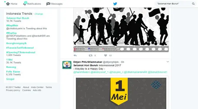 	Netizen ikut meramaikan Hari Buruh pada hari ini, Senin (1/5/2017). Selain memberikan ucapan selamat, merek ajuga menyamapikan harapannya (Foto: Ist)