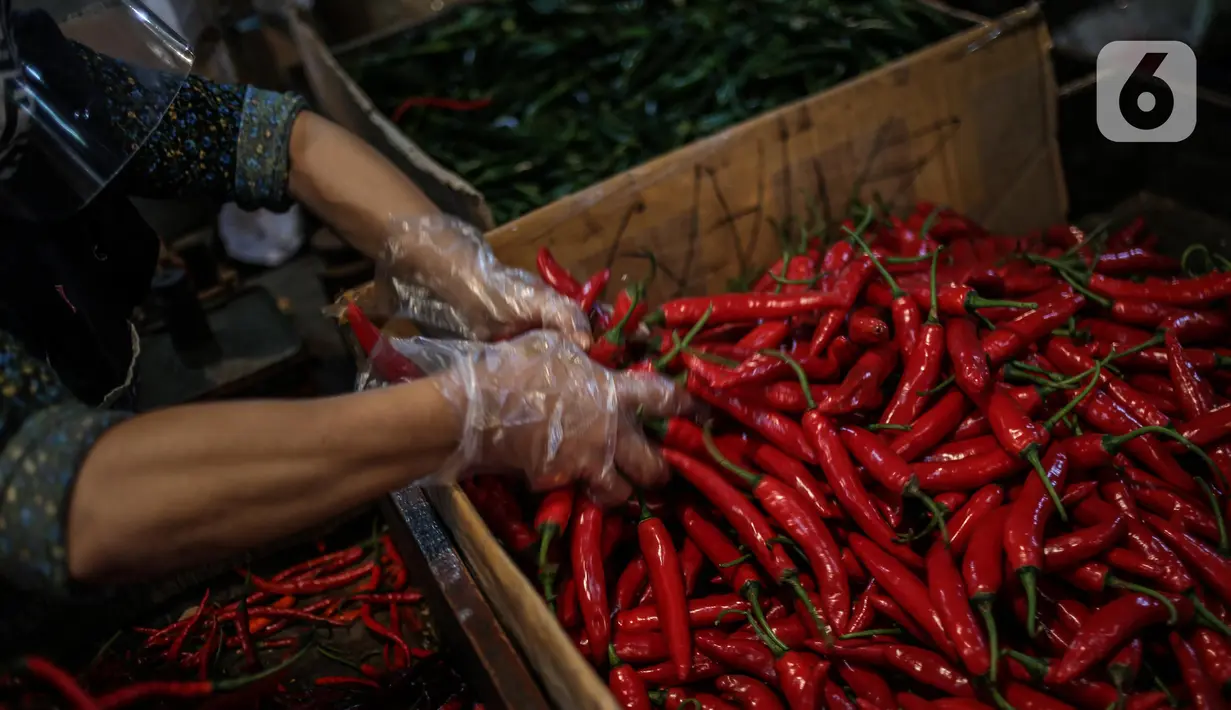 Salah satu pedagang menggunakan face shield dan sarung tangan saat melayani pembeli di Pasar Senen, Jakarta, Senin (1/6/2020). Kementerian Perdagangan menyiapkan pedoman bagi penyelenggara kegiatan perdagangan untuk diterapkan pada saat kenormalan baru (new normal). (Liputan6.com/Faizal Fanani)
