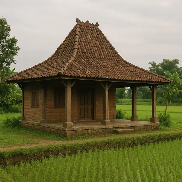 Gambar Rumah Klasik Jawa Sederhana di Tepi Sawah